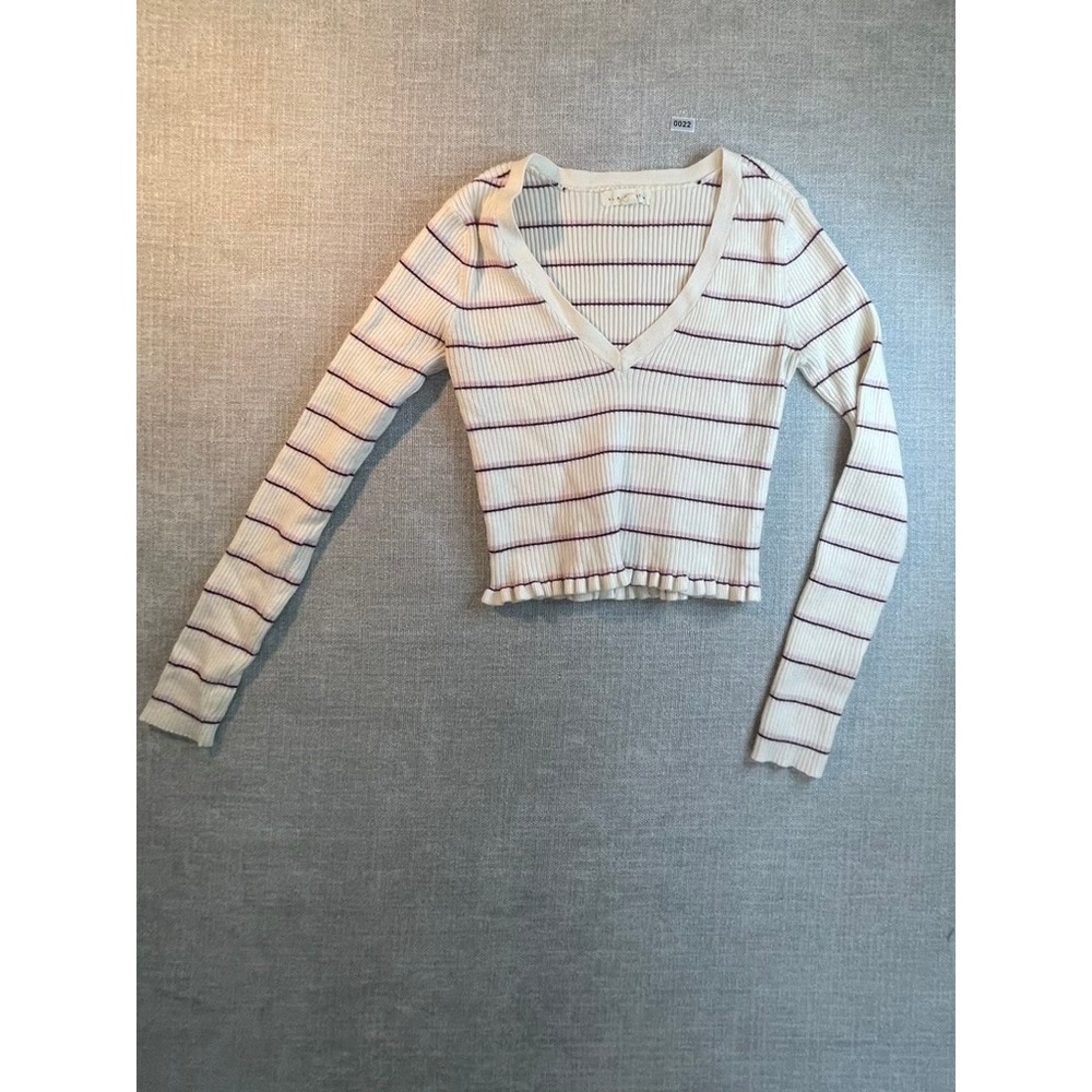 LA Hearts Womens Small Ribbed V-Neck Striped Long Sleeve Lettuce Hem Crop Top